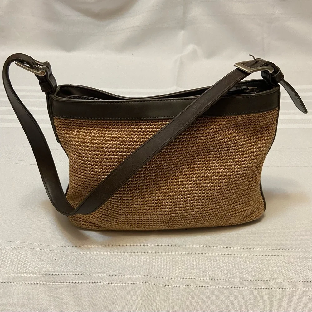 The SAK Tan Crocheted Womens Shoulder Bag with Brown Trim - Clean!
